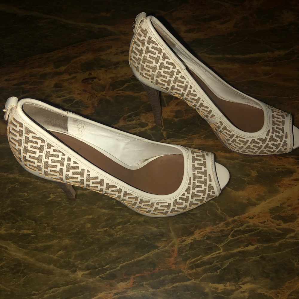 White Leather and Canvas Platform Leather Heels